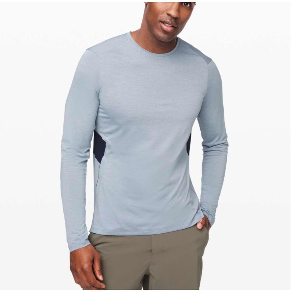 Men Lululemon Fast and Free Long Sleeve Lightweight Heathered Chambray Athletic